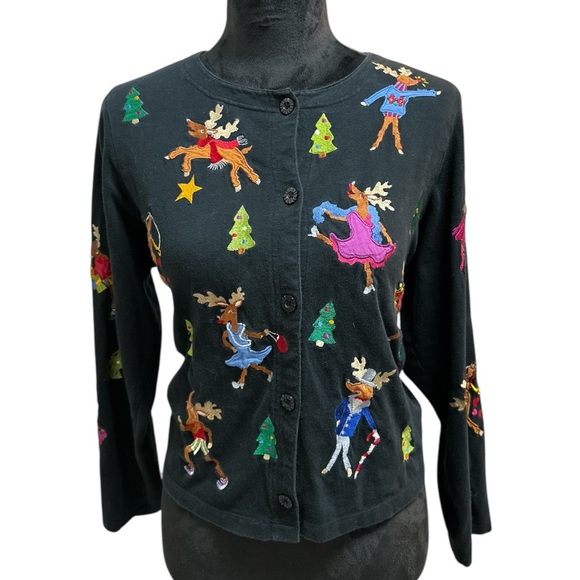 Vintage Y2K Michael Simon Lite Black Embroidered Christmas Cardigan Sweater M - Picture 2 of 7